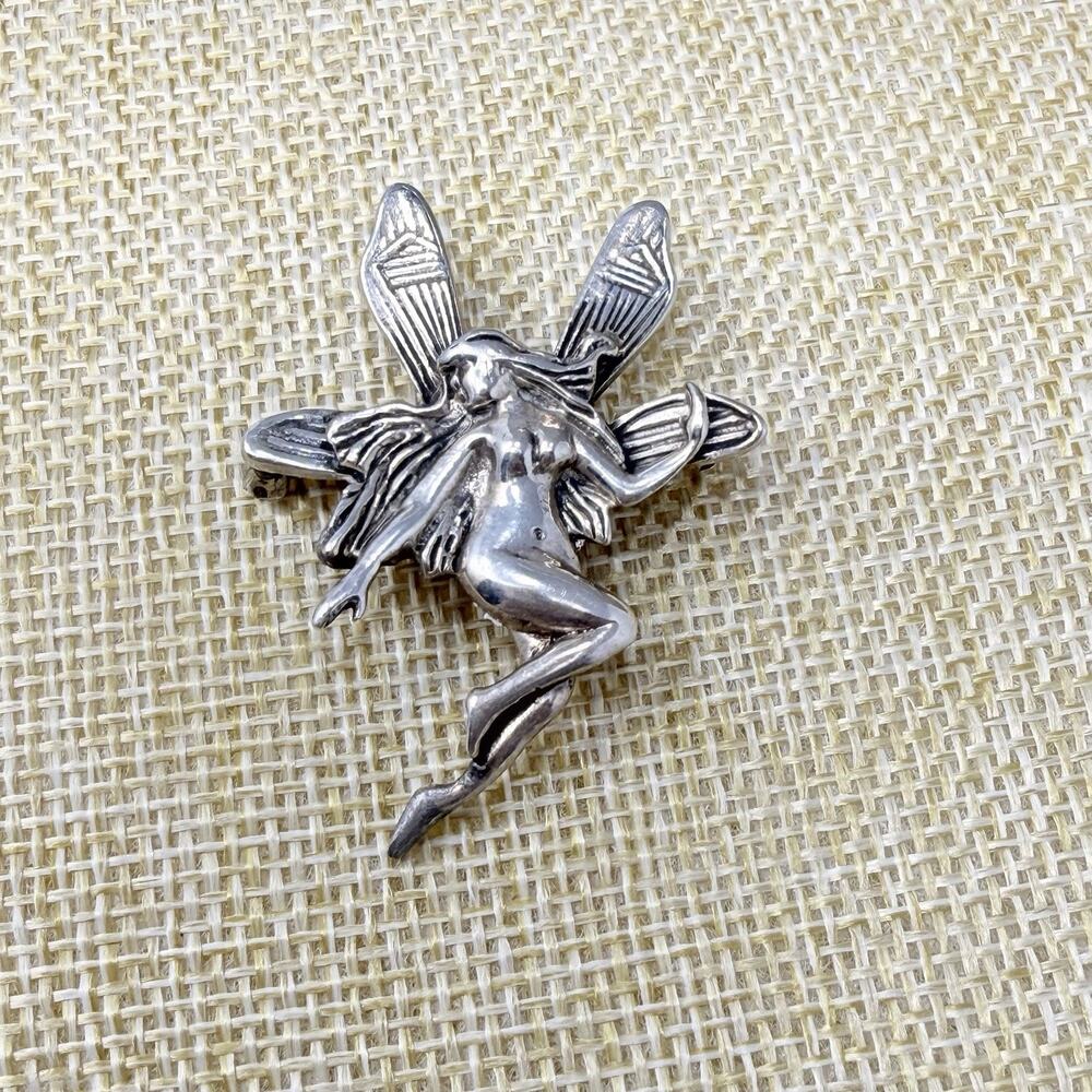 Vintage Art Nouveau Fairy Pixie Nymph Sterling Silver Brooch Pin 6.5 grams